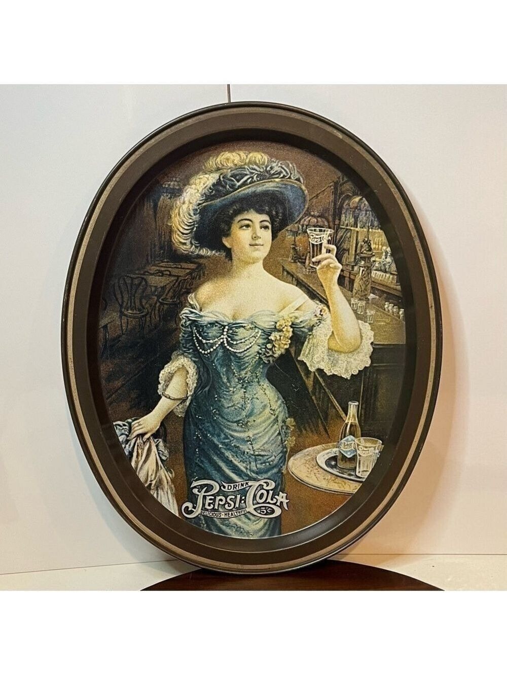 Vintage Pepsi Cola Soda Pop Oval Metal Serving Tray Gibson Girl 11.5" x 14.5"